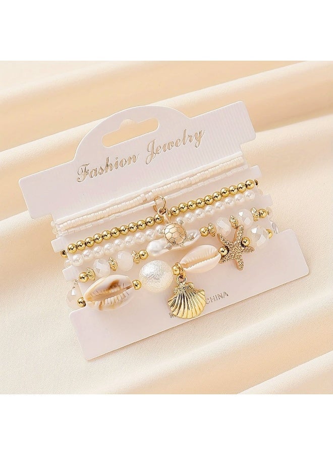 JUMEI 7 Pcs Bohemian Beaded Bracelet Set for Women, Shell & Starfish Beach Bracelets, Stackable Gold Pearl Bracelets, Summer Festival Daily Wear - Image 3